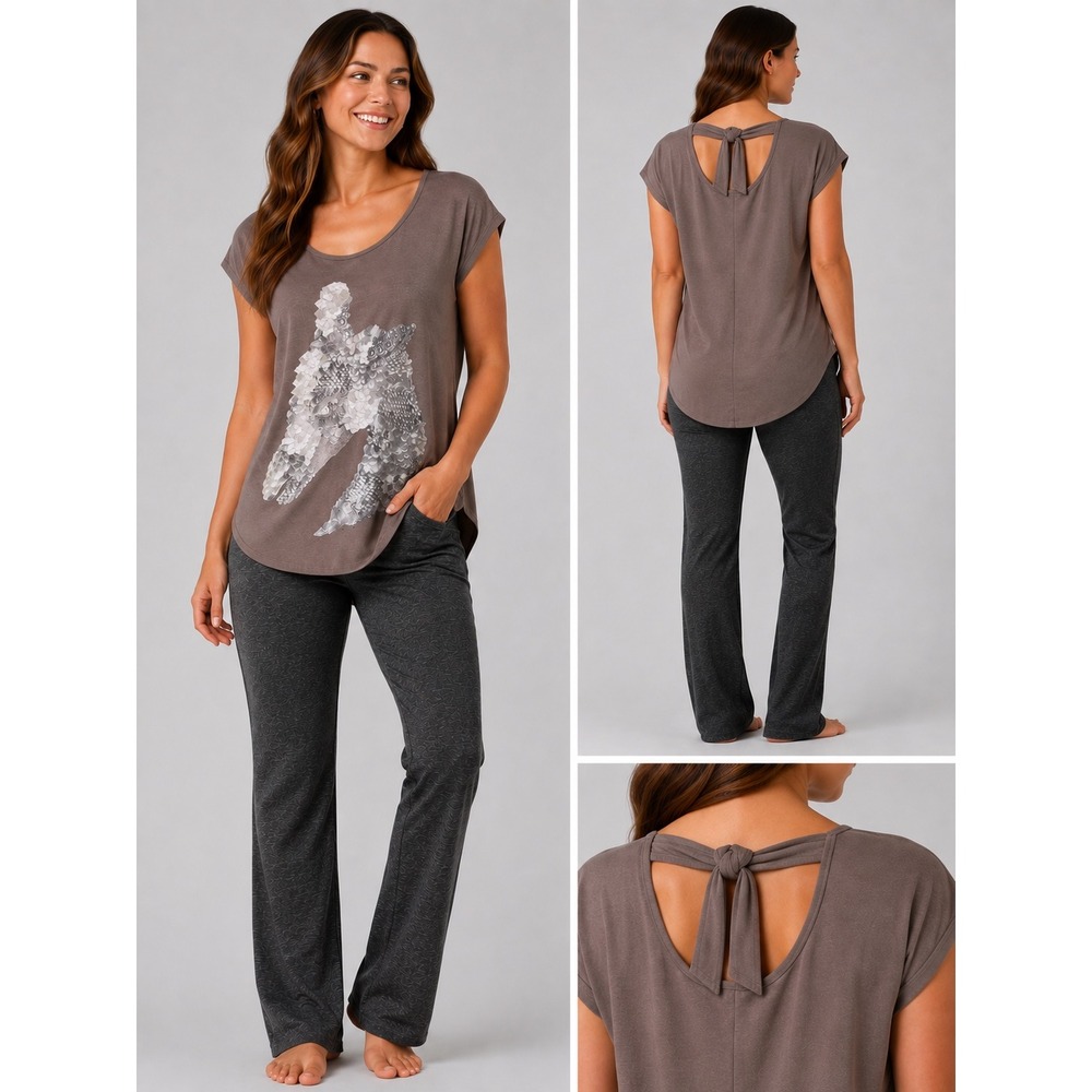 Just Cavalli Gray Brown Giraffe Graphic Tie Back Top IT 42 Womens US Medium - Picture 2 of 11
